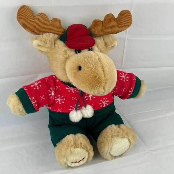 Dandee 1995 Tan Reindeer 22" Plush Red Green Christmas Sweater Corduroy Hat - Picture 3 of 7